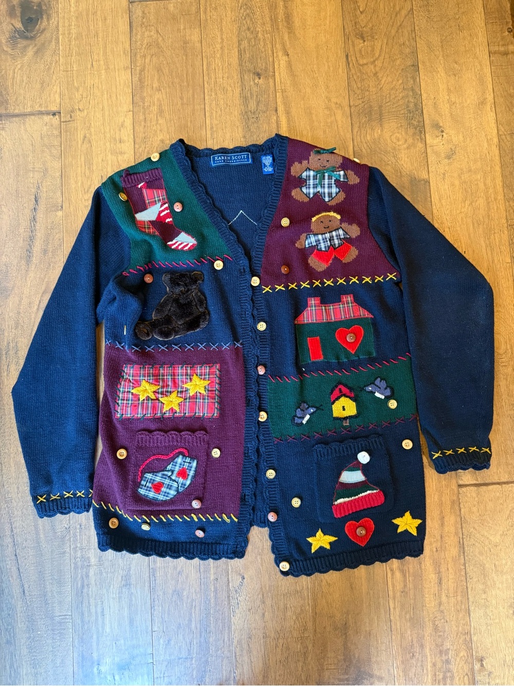 Karen Scott Navy Multicolor Holiday Patchwork Embroidered Cardigan
